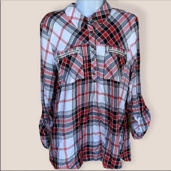 Takara plaid Top blouse Long sleeve Button 3/4 Size Large - Picture 1 of 12